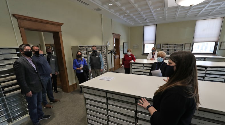 Clark County Clerk of Courts Melissa Tuttle, right, talks about the Recorders Office during a tour of the newly renovated A.B. Graham Building on Feb. 25. BILL LACKEY/STAFF