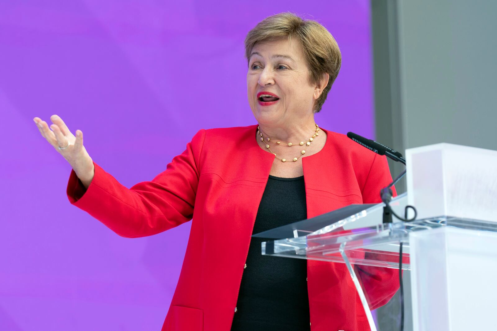 International Monetary Fund (IMF) Managing Director Kristalina Georgieva speaks at the forum Tokenization and the Financial System during the World Bank/IMF Spring Meetings at the International Monetary Fund (IMF) headquarters in Washington, Wednesday, April 23, 2025. (AP Photo/Jose Luis Magana)