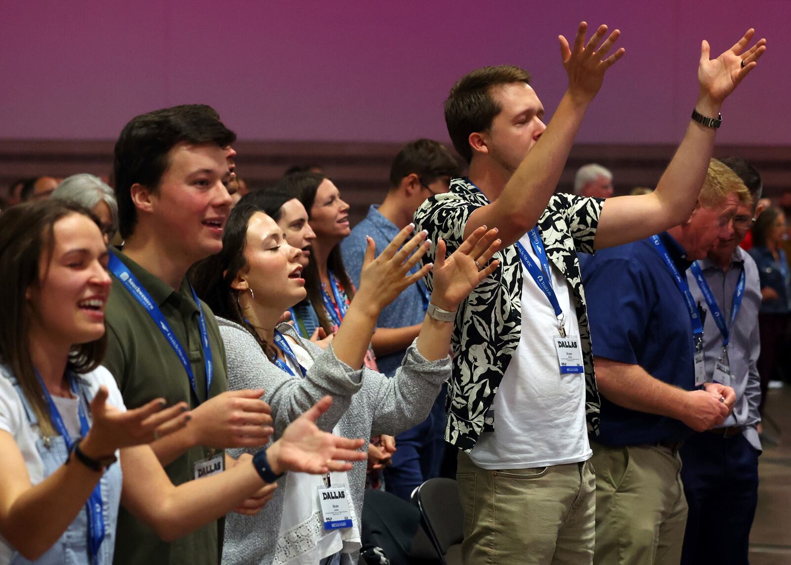 Messengers attending the Southern Baptist Convention participate in worship during the 2025 SBC Annual Meeting, Tuesday, June 10, 2025, in Dallas. (AP Photo/Richard W. Rodriguez)