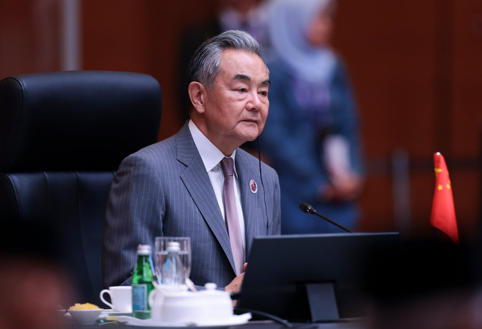 Chinese Foreign Minister Wang Yi attends ASEAN Post-Ministerial Conference with China at the Kuala Lumpur Convention Centrein Kuala Lumpur, Malaysia, Thursday, July 10, 2025. (Hasnoor Hussain/Pool Photo via AP)