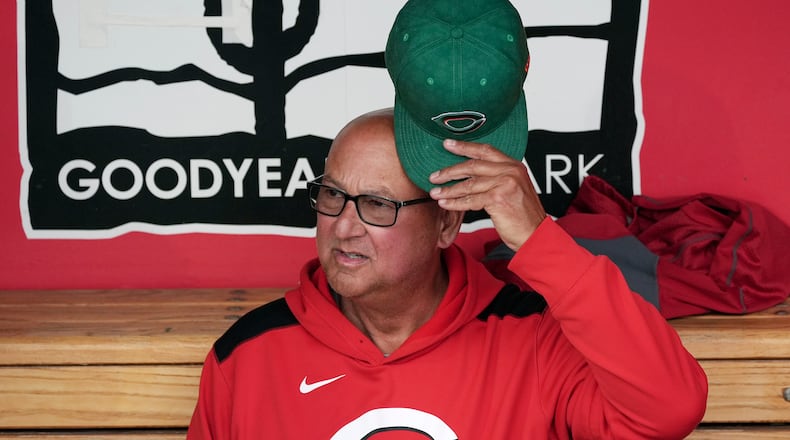 Cincinnati Reds manager Terry Francona pauses in the dugout prior to a spring training baseball game against the Cleveland Guardians, Monday, March 17, 2025, in Goodyear, Ariz. (AP Photo/Ross D. Franklin)