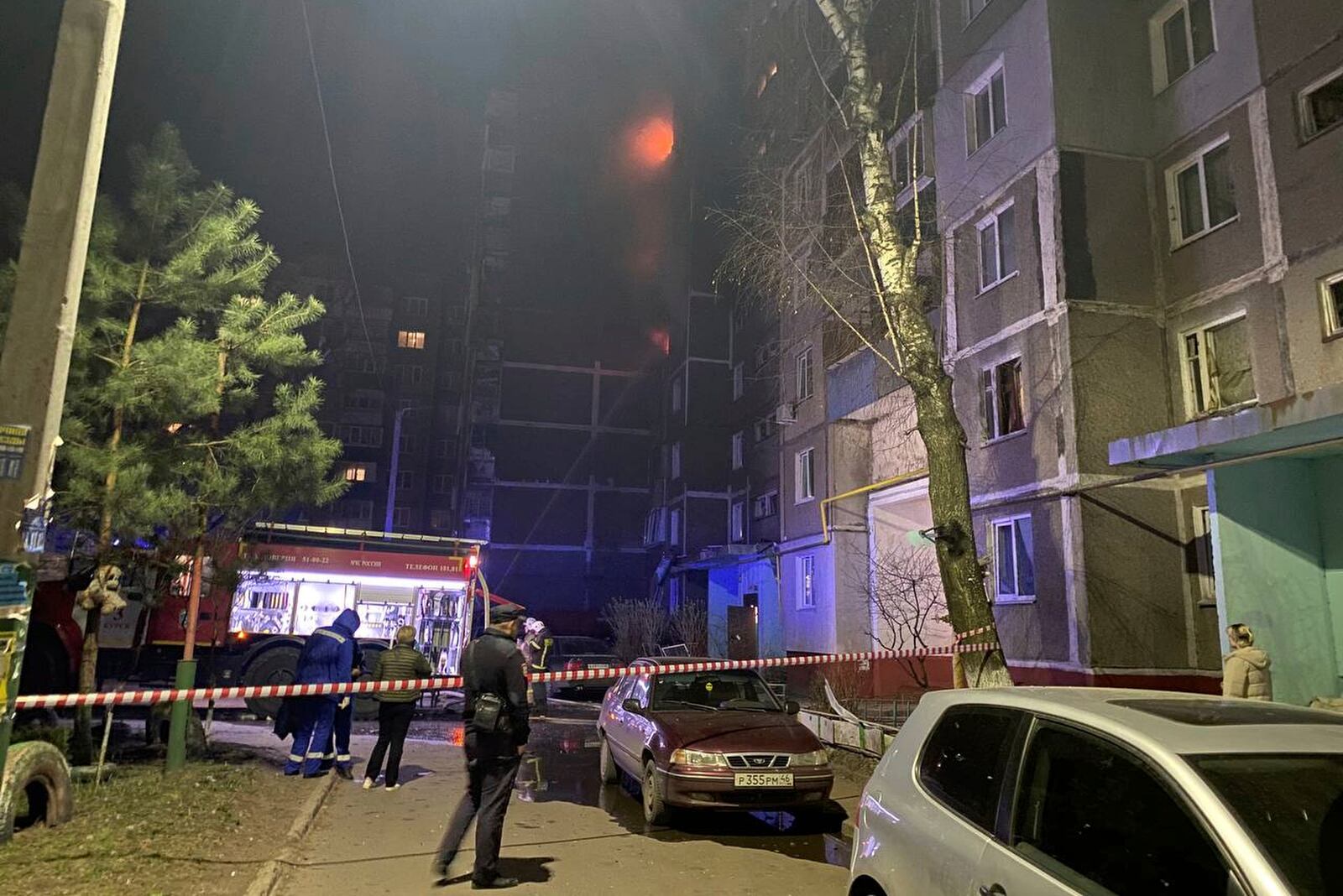 This photo, released by the Government of Kursk region official telegram channel, on Tuesday, April 15, 2025, shows an apartment building damaged by a Ukrainian drone in Kursk, Russia. (Government of Kursk region official telegram channel via AP)