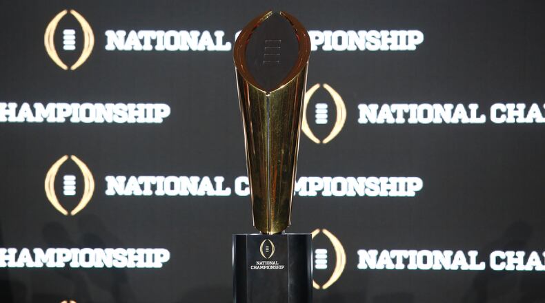 TAMPA, FL - JANUARY 8: The National Championship Trophy sits on display to members of the media during the College Football Playoff National Championship Head Coaches Press Conference on January 8, 2017 at the Tampa Convention Center in Tampa, Florida. (Photo by Brian Blanco/Getty Images)