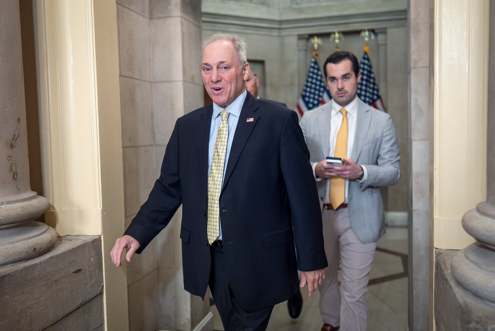 House Majority Leader Steve Scalise, R-La., arrives as House Republicans work to pass President Donald Trump's signature bill of tax breaks and spending cuts by a self-imposed Fourth of July deadline, at the Capitol in Washington, Wednesday, July 2, 2025. (AP Photo/J. Scott Applewhite)