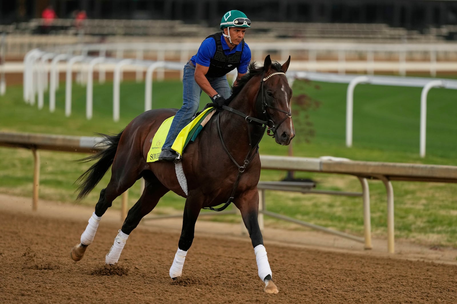Kentucky Derby entrant Sovereignty works out at Churchill Downs Tuesday, April 29, 2025, in Louisville, Ky. (AP Photo/Charlie Riedel)