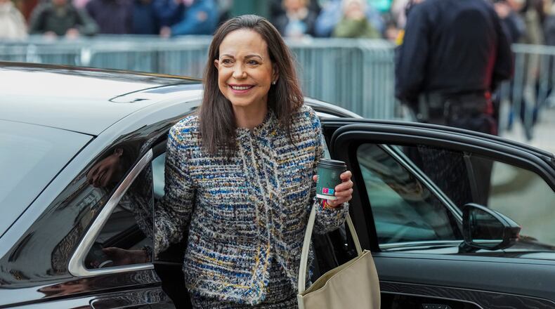 Nobel Peace Prize winner María Corina Machado outside the Grand Hotel in Oslo, Friday Dec. 12, 2025. (Ole Berg-Rusten/NTB via AP)