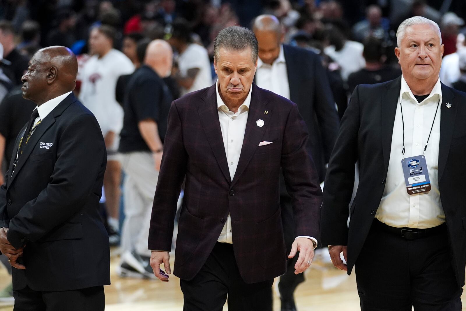 Arkansas head coach John Calipari leaves the court after the Sweet 16 of the NCAA college basketball tournament game against Texas Tech, Thursday, March 27, 2025, in San Francisco. (AP Photo/Marcio Jose Sanchez)