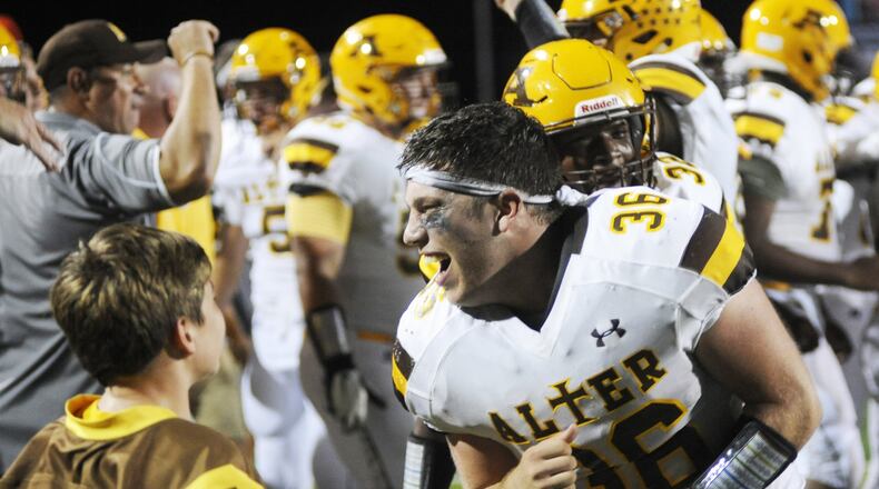 Alter’s Peter Riazzi celebrates. Alter defeated host Centerville 10-7 in a Week 3 high school football game on Friday, Sept. 7, 2018. MARC PENDLETON / STAFF