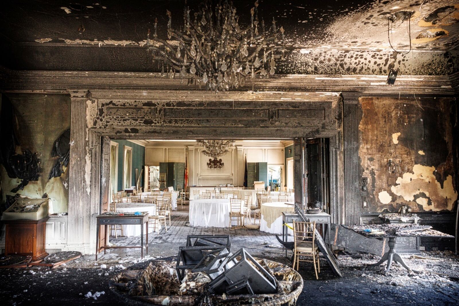 This image provided by Commonwealth Media Services shows damage after a fire at the Pennsylvania governor’s mansion while Democratic Gov. Josh Shapiro and his family slept inside on Sunday, April 13, 2025, in Harrisburg, Pa. (Commonwealth Media Services via AP)
