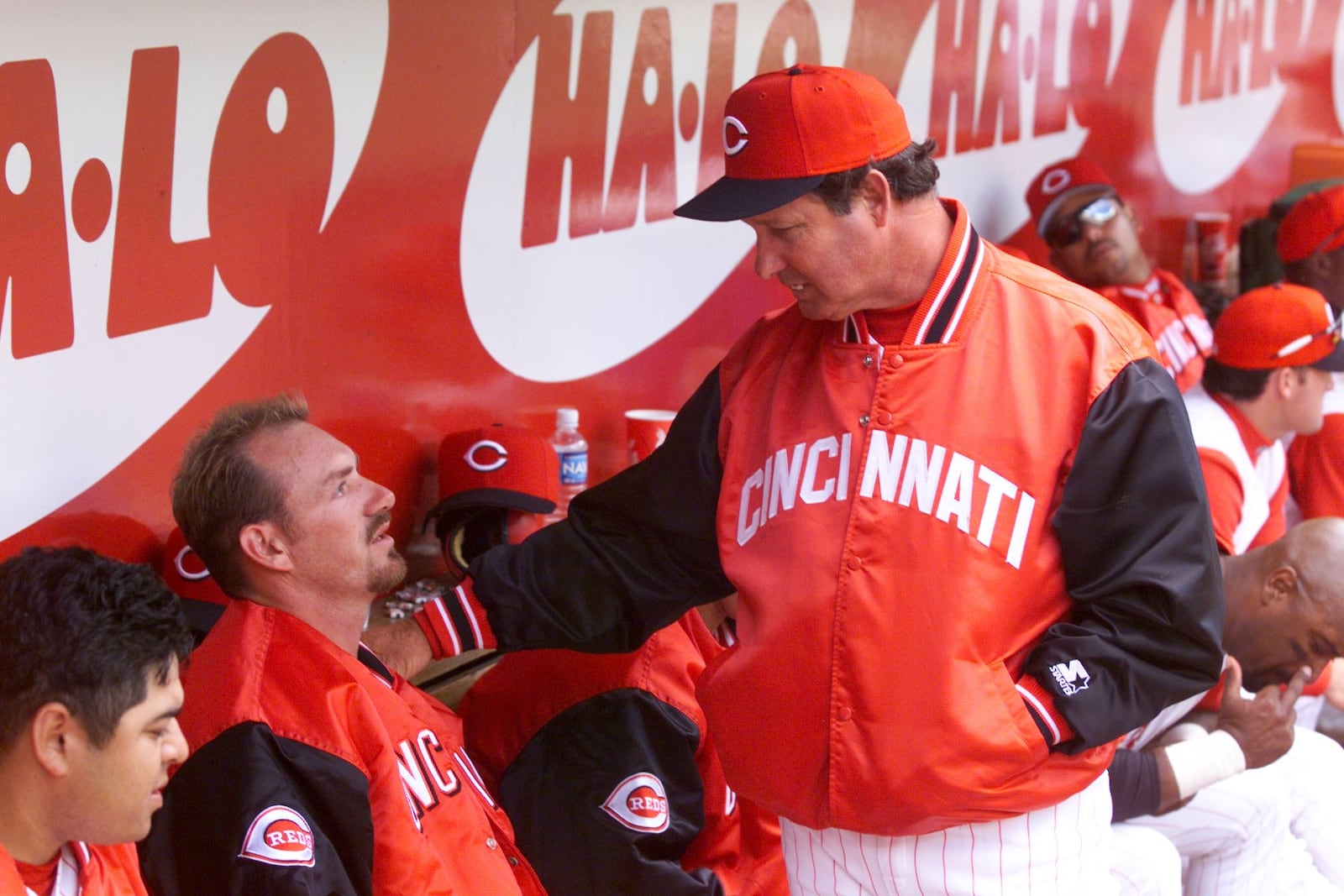 Pitching coach Don Gullett consoles pitcher Gabe White after White allowed three runs in the eighth inning putting San Francisco ahead.