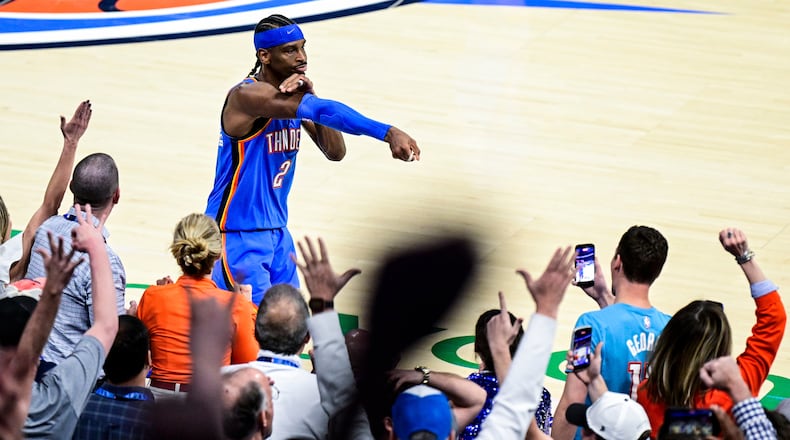 Oklahoma City Thunder guard Shai Gilgeous-Alexander (2) gestures during the second half of an NBA basketball game against the Denver Nuggets Monday, March 9, 2026, in Oklahoma City. (AP Photo/Gerald Leong)