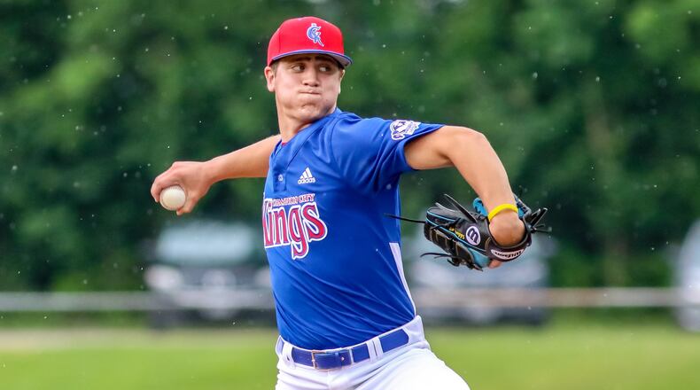 Kenton Ridge High School graduate and Cedarville University junior Noah Schleinitz throws a pitch for the Champion City Kings during a game against the West Virginia Miners earlier this season. The Kings are 10-7 through June 21. CONTRIBUTED PHOTO BY MICHAEL COOPER