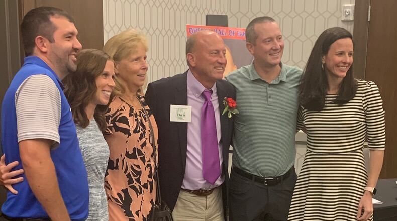 Chris Adams is pictured with his family at the Ohio Basketball Coaches Association Hall of Fame induction on Aug. 21, 2021.