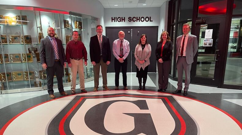 Greenon Local School District Board of Education and administrators: (From left to right) Treasurer Garth Whitaker; Keith Culp; Mark Remmetter; Dennis Henry; Jackie Potter; Stacey Hundley; and Superintendent Darrin Knapke. Contributed