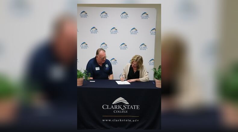Clark State President Jo Alice Blondin signed a Statement of Support with the Employer Support of the Guard and Reserve, with John McCance, ESGR chair. Contributed