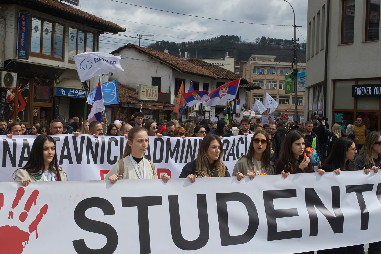 Students lead a march during an anti-corruption protest in the southwestern town of Novi Pazar, Serbia, Saturday, April 12, 2025. (AP Photo/Marko Drobnjakovic)