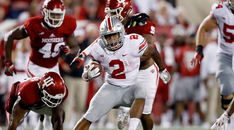 BLOOMINGTON, IN - AUGUST 31:  J.K. Dobbins #2 of the Ohio State Buckeyes runs with the ball against the Indiana Hoosiers at Memorial Stadium on August 31, 2017 in Bloomington, Indiana.  (Photo by Andy Lyons/Getty Images)