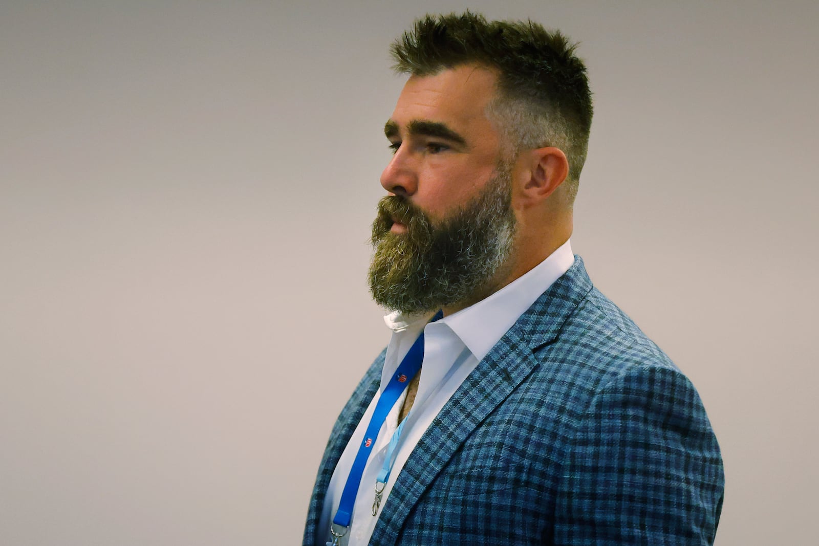 Former Philadelphia Eagles center Jason Kelce arrives at the NFL football spring owners meeting, Wednesday, May 21, 2025, in Eagan, Minn. (AP Photo/Bruce Kluckhohn)