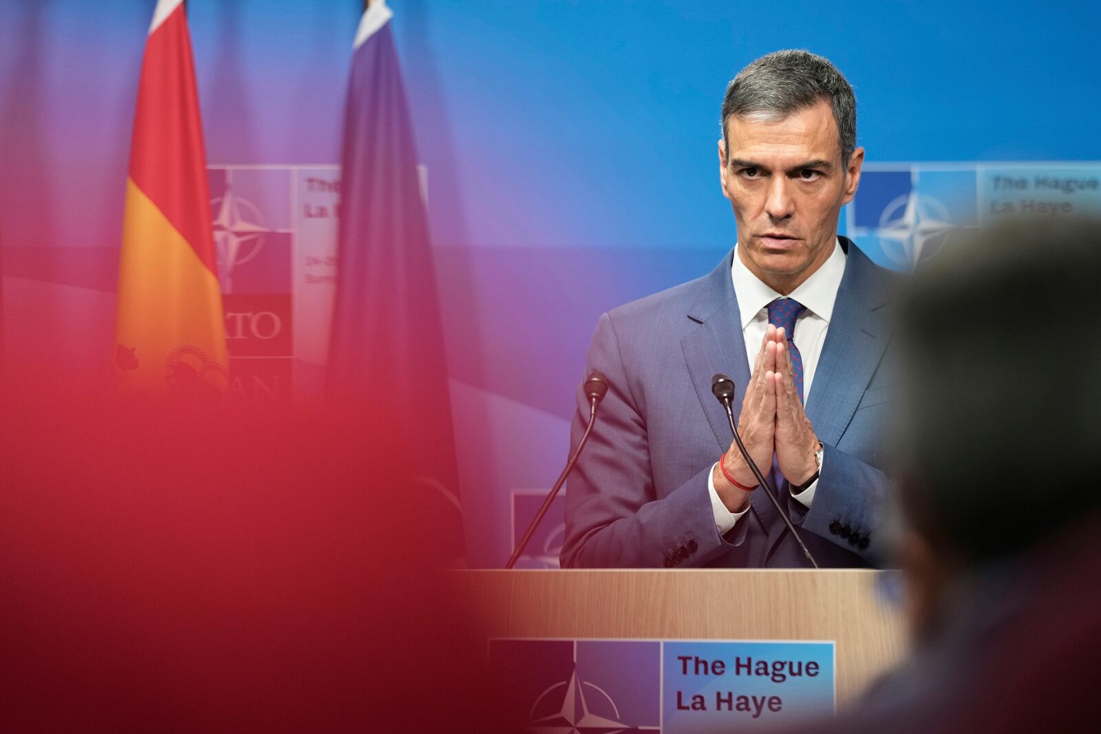 Spain's Prime Minister Pedro Sanchez gestures during a press conference after the plenary session at the NATO summit in The Hague, Netherlands, Wednesday, June 25, 2025. (AP Photo/Markus Schreiber)