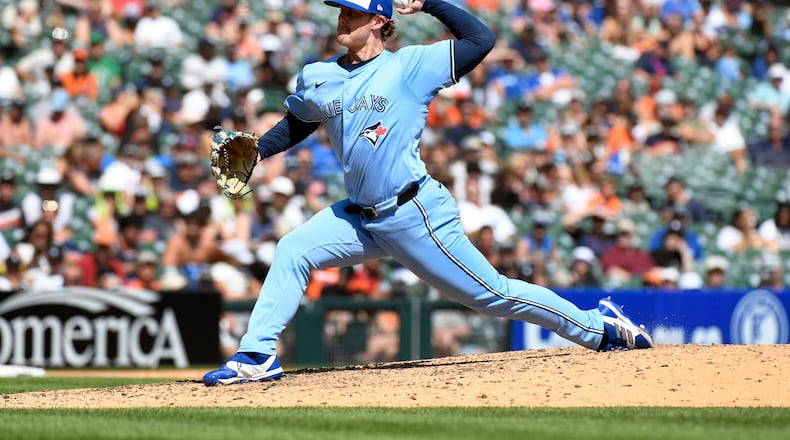 FILE - Toronto Blue Jays relief pitcher Justin Bruihl throws in the eighth inning of a baseball game against the Detroit Tigers, July 27, 2025, in Detroit. (AP Photo/Jose Juarez, File)