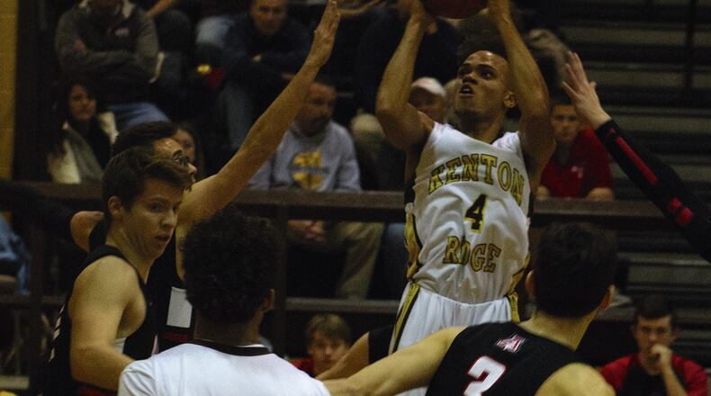 Kenton Ridge senior Jameel Cosby puts up a shot during the first quarter of Friday night’s 59-51 loss at home to Jonathan Alder. Cosby scored a team-high 17 points. Jeff Gilbert/CONTRIBUTED