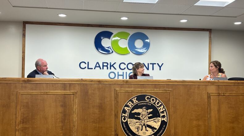 Clark County Commissioners Charles Patterson, Sasha Rittenhouse and Melanie Flax Wilt during the July 2, 2025 meeting. Brooke Spurlock/Staff