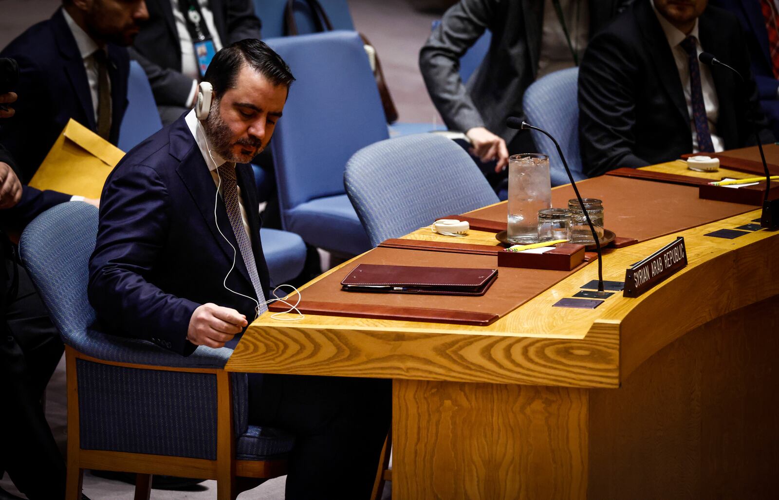 Syria's Foreign Minister Asaad Al-Shibani attends a Security Council meeting on the situation of the Middle East at United Nations Headquarters on Friday, April 25, 2025. (AP Photo/Kena Betancur)