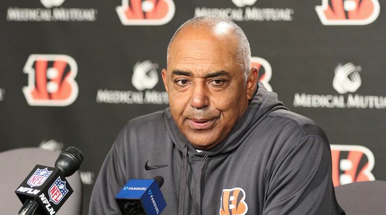 Cincinnati Bengals head coach Marvin Lewis speaks during a news conference after an NFL football game against the Indianapolis Colts, Sunday, Oct. 29, 2017, in Cincinnati. The Bengals won 24-23. (AP Photo/Gary Landers)