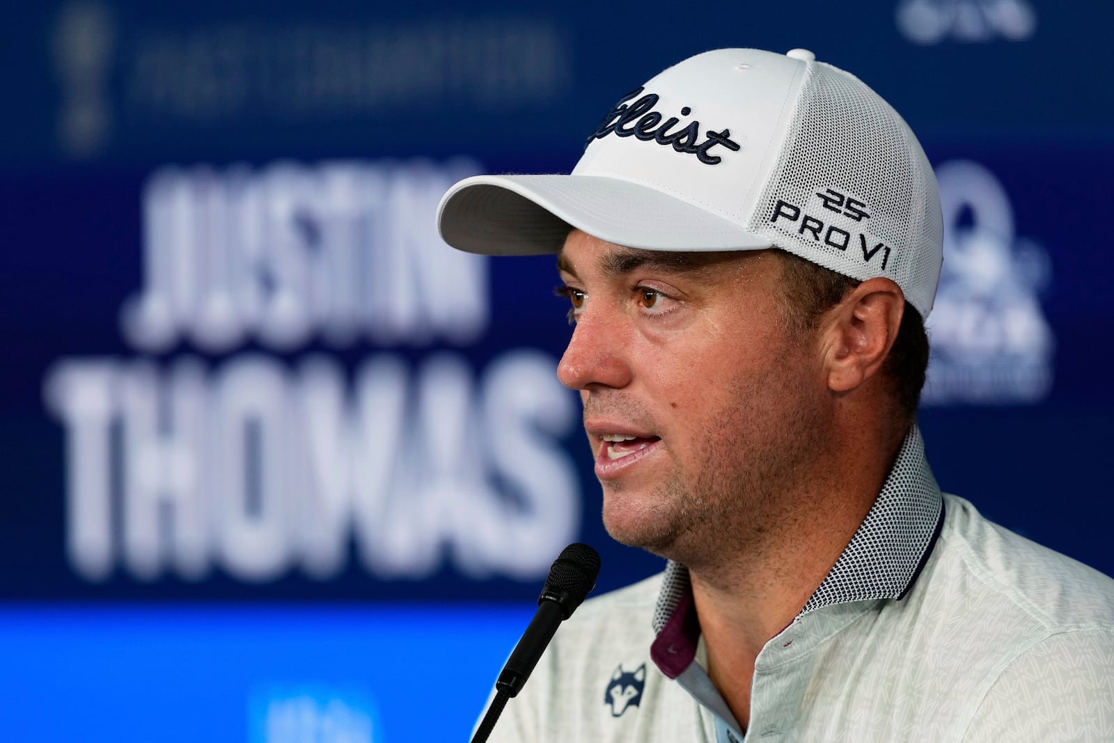 Justin Thomas speaks during a news conference at the PGA Championship golf tournament at the Quail Hollow Club, Tuesday, May 13, 2025, in Charlotte, N.C. (AP Photo/Matt York)
