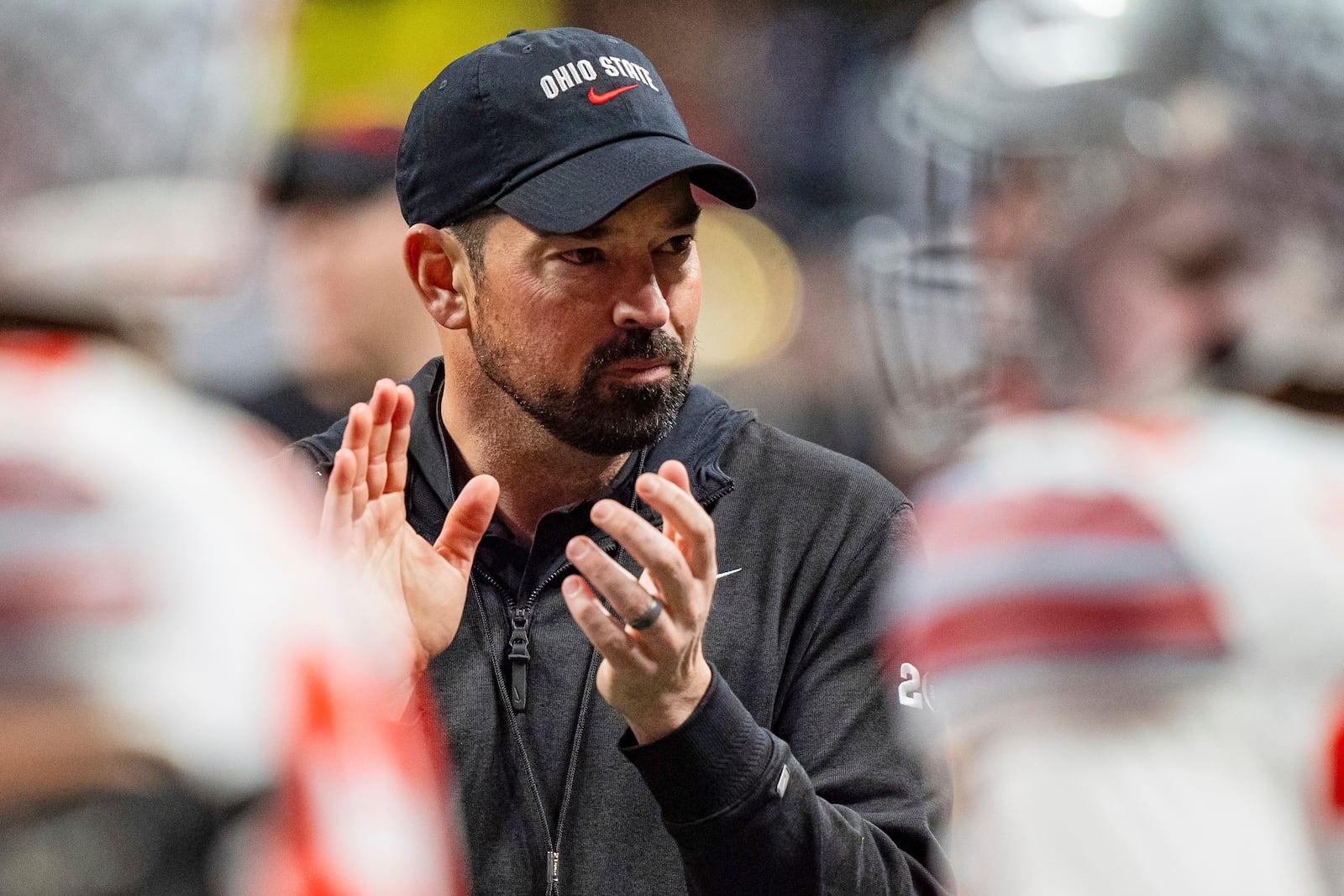 FILE - Ohio State head coach Ryan Day looks on before the College Football Playoff national championship game against Notre Dame, Jan. 20, 2025, in Atlanta. (AP Photo/Jacob Kupferman, File)