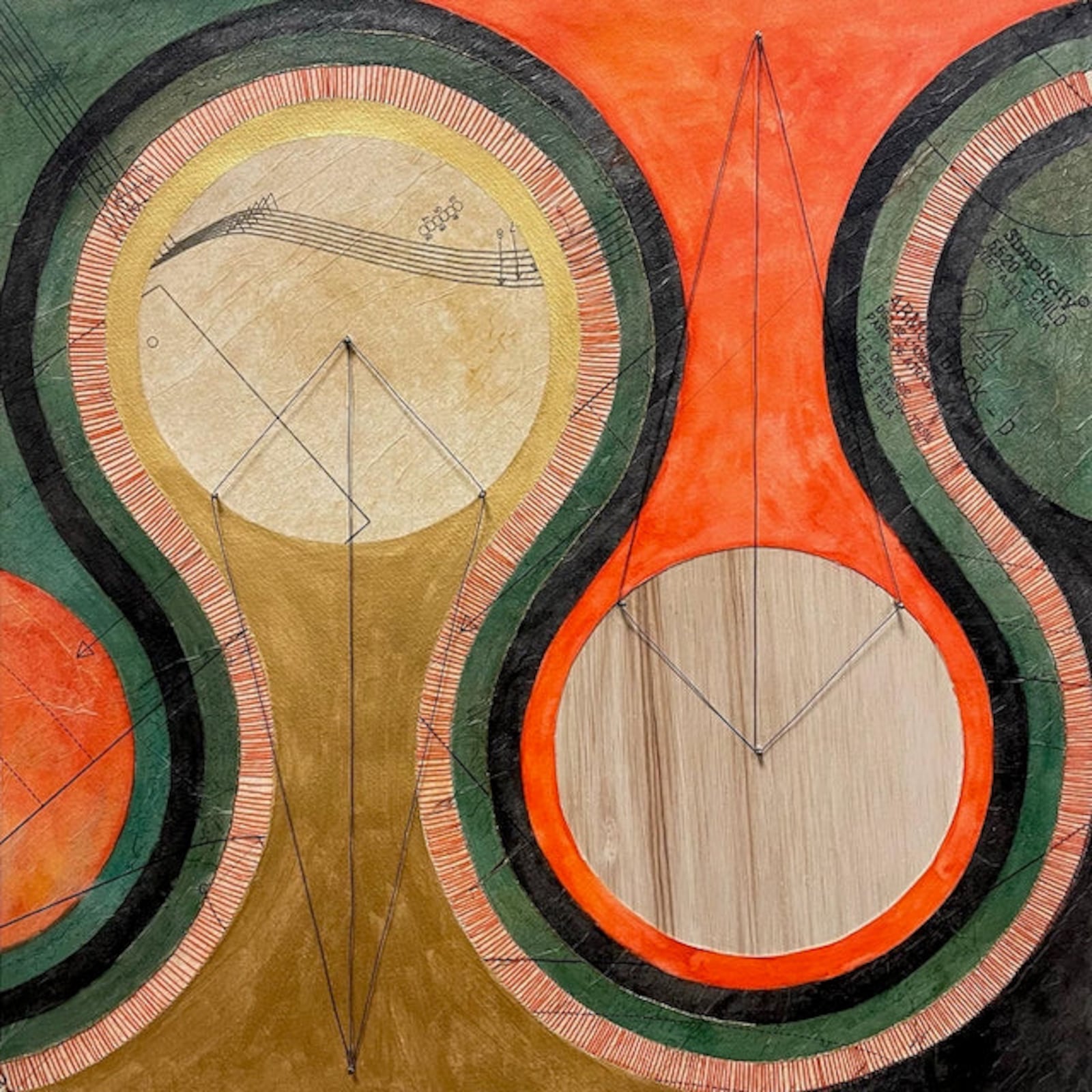 Elisha Frontz, "Tiger Lily Dreaming: 2.666…", 2022, watercolor on paper, string, sewing pattern, brass tacks, wire, wood, 16 x 16 inches. CONTRIBUTED