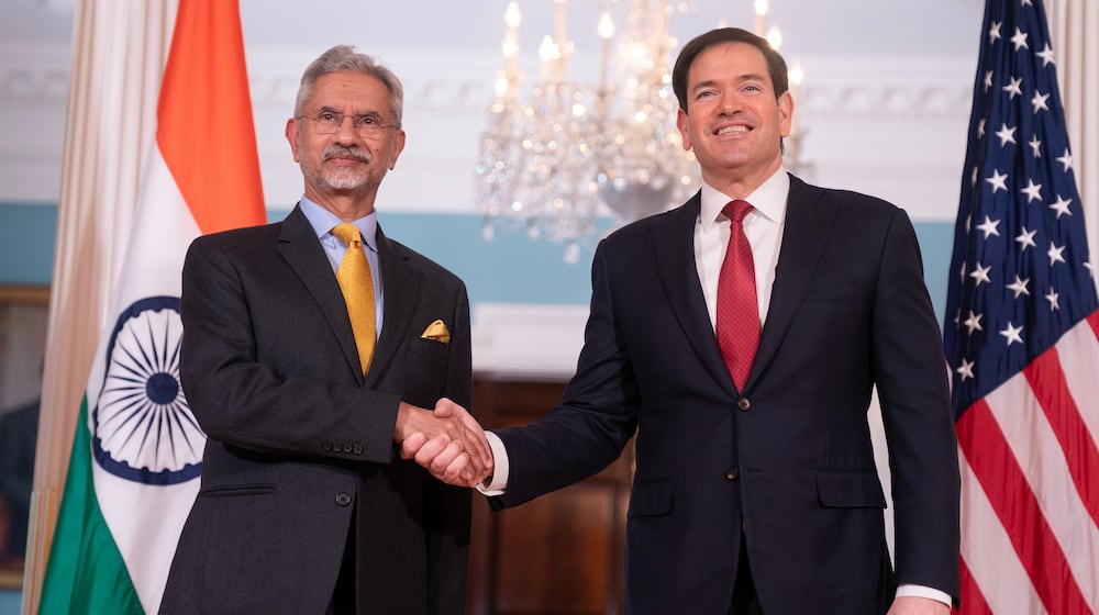 Secretary of State Marco Rubio, right, shakes hands with India's External Affairs Minister Subrahmanyam Jaishankar at the State Department in Washington, Tuesday, Feb. 3, 2026. (AP Photo/Nathan Howard)