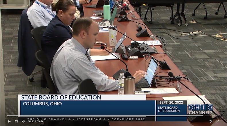 Ohio School Board member Brendan Shea of London discusses his proposed resolution opposing changes to Title IX that would dismantle protections for transgender students at the September 2022 state board of education meeting. Photo courtesy of The Ohio Channel