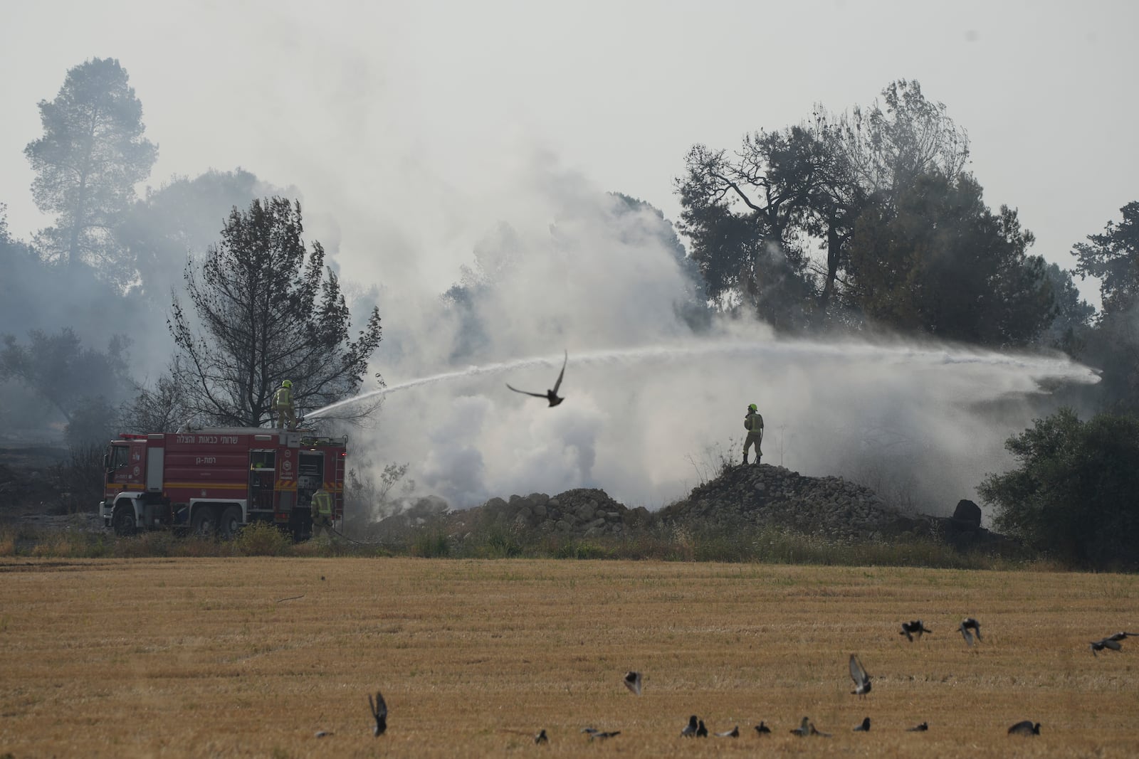 An Israeli crew battles a wild fire near Latrun, Israel, outside of Jerusalem Thursday, May 1, 2025. (AP Photo/Ohad Zwigenberg)