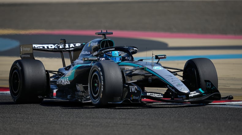 Mercedes driver George Russell of Britain on the third day of Formula One pre-season test at the Bahrain International Circuit in Sakhir, Bahrain, Friday, Feb. 13, 2026. (AP Photo/Altaf Qadri)
