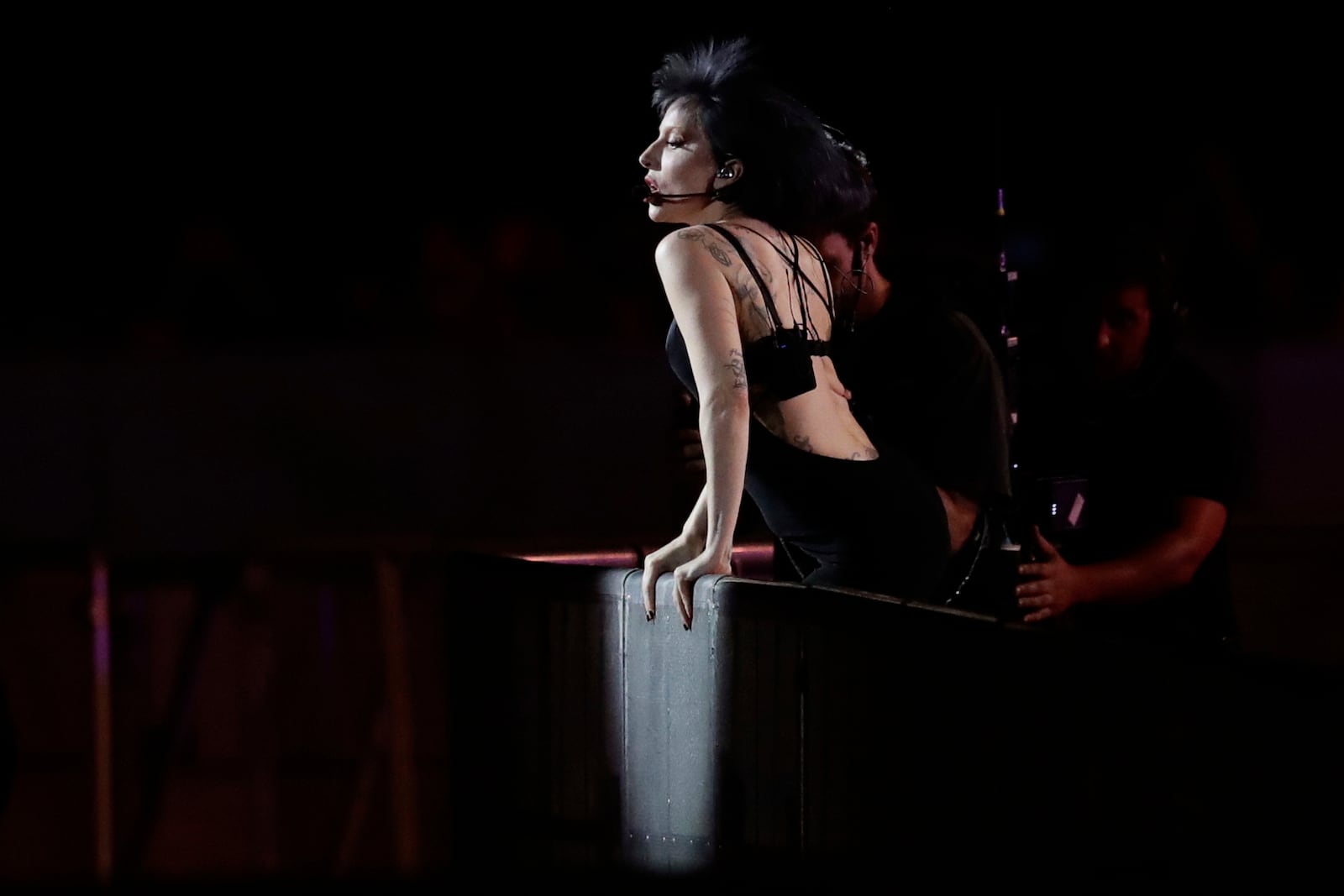 Lady Gaga takes part in a rehearsal a day ahead of her free concert, on Copacabana beach, in Rio de Janeiro, Friday, May 2, 2025. (AP Photo/Bruna Prado)