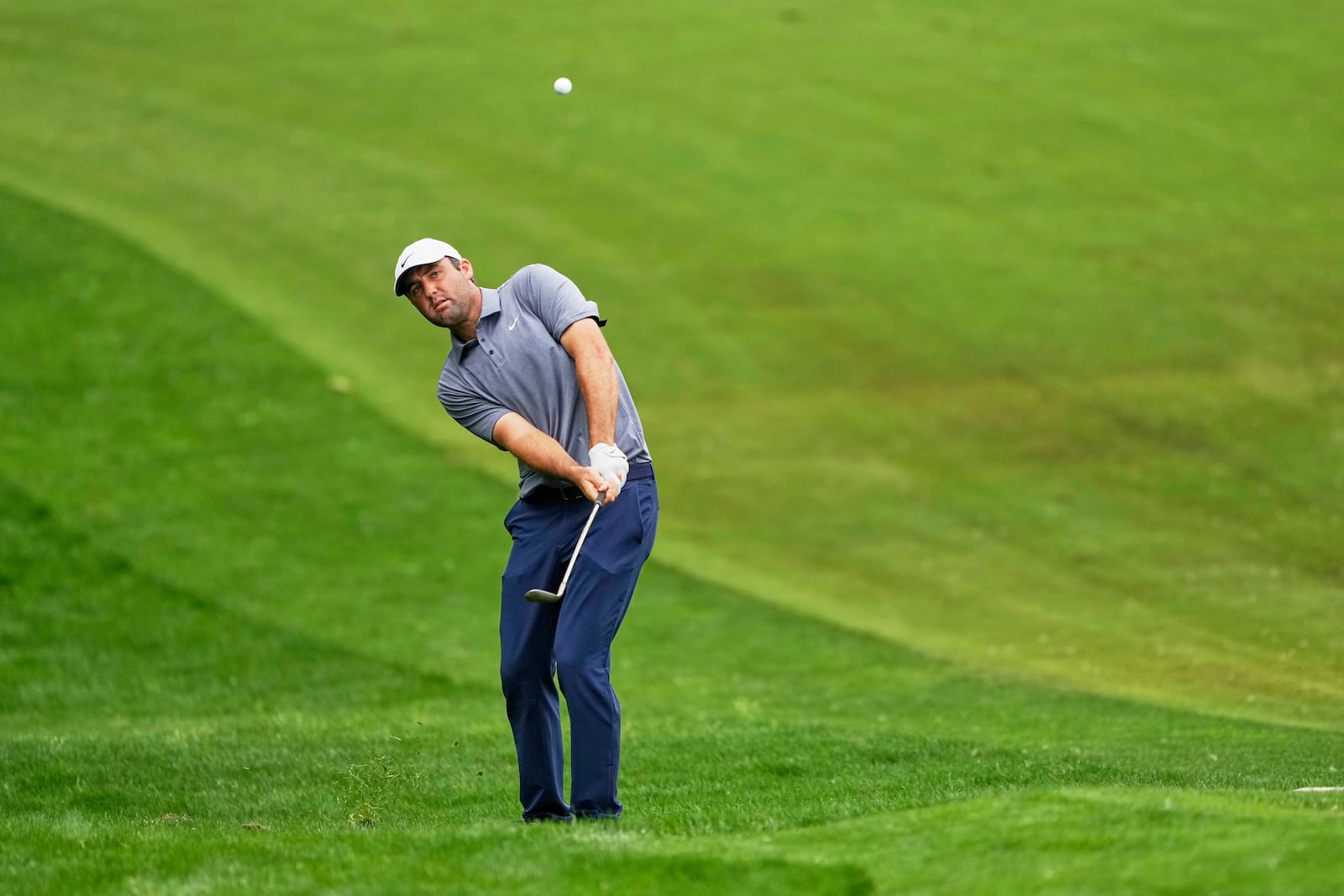 Scottie Scheffler hits from the rough on the eighth hole during the second round of the PGA Championship golf tournament at the Quail Hollow Club, Friday, May 16, 2025, in Charlotte, N.C. (AP Photo/Matt York)