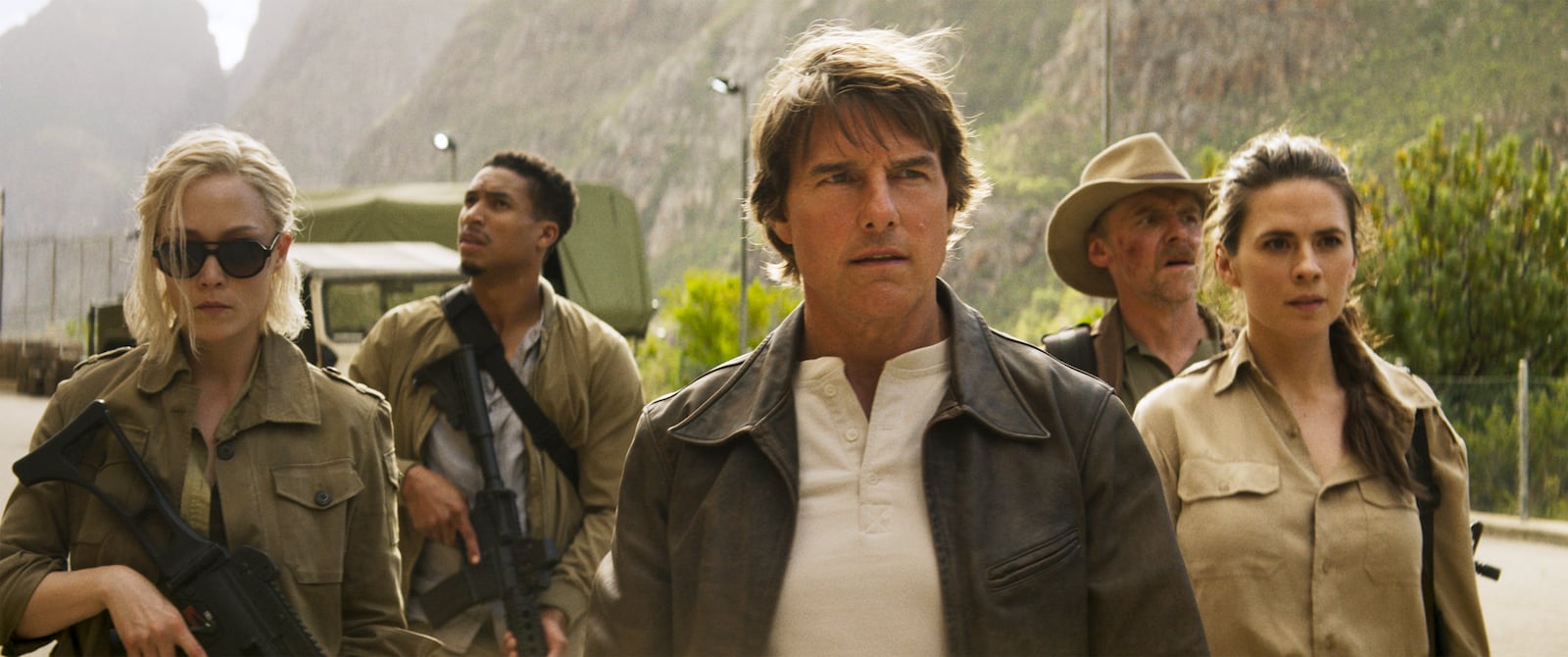 This image shows Pom Klementieff, from left, Greg Tarzan Davis, Tom Cruise, Simon Pegg, and Hayley Atwell in a still from the film "Mission: Impossible - The Final Reckoning." (Paramount Pictures via AP)