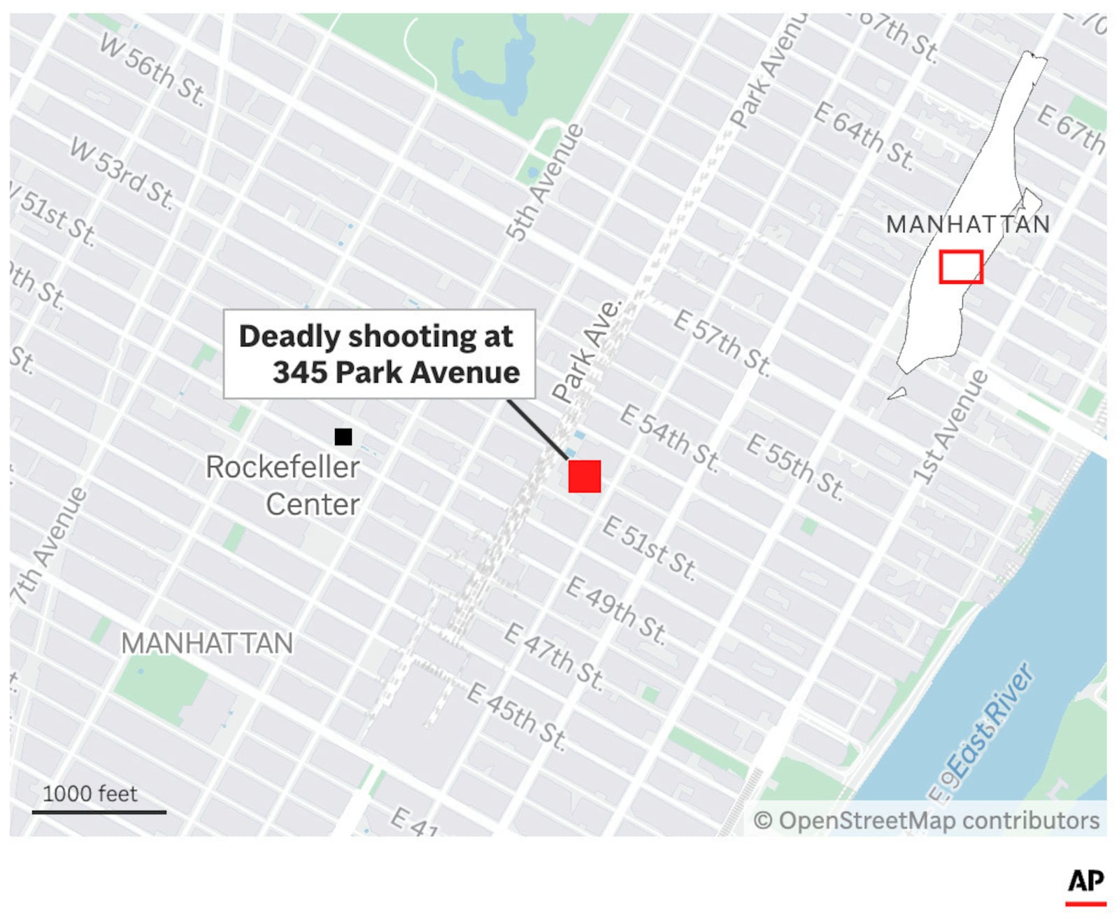 The map above locates a deadly shooting at 345 Park Ave. in midtown Manhattan. (AP Graphic)