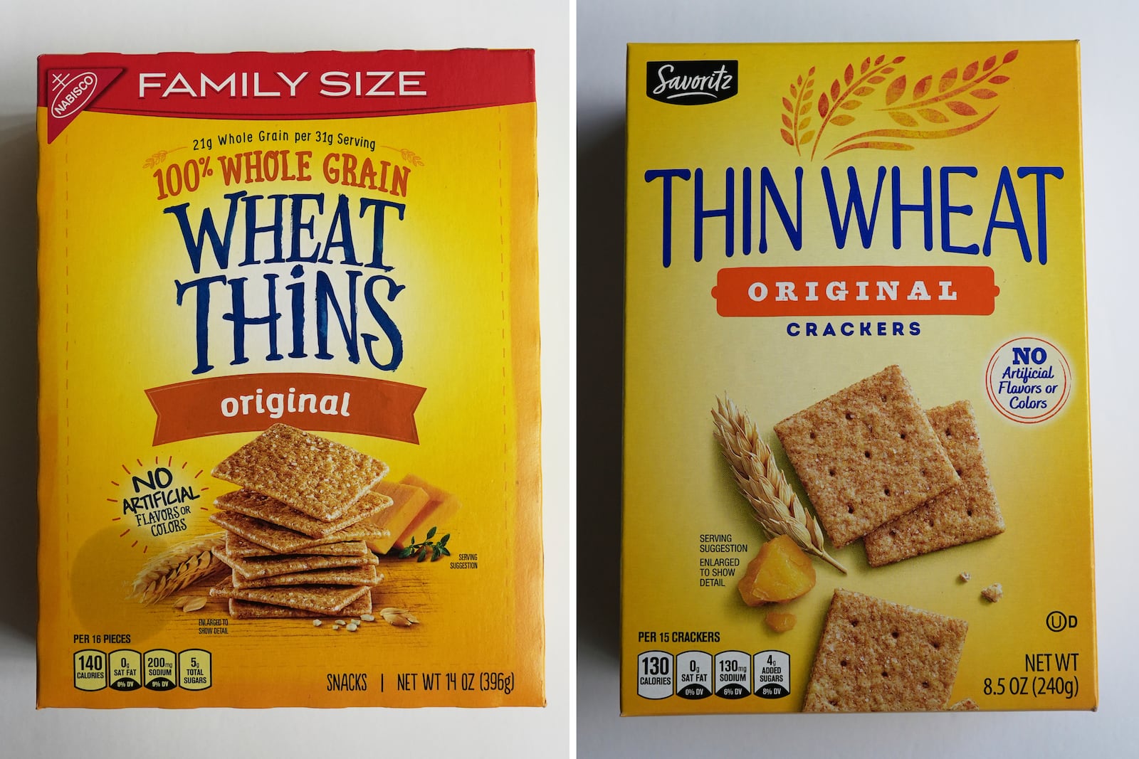 This combo of images shows, Mondelez's Wheat Thins, left, and, Aldi’s Thin Wheat, Thursday, May 29, 2025, in Glenview, Ill. (AP Photos/Nam Y. Huh)