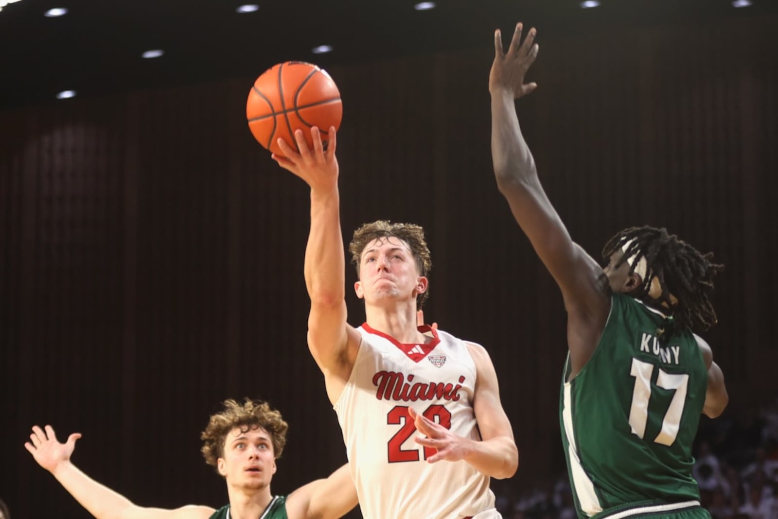 Miami's Brant Byers scores against Ohio on Friday, Feb. 13, 2026, at Millett Hall in Oxford. David Jablonski/Staff