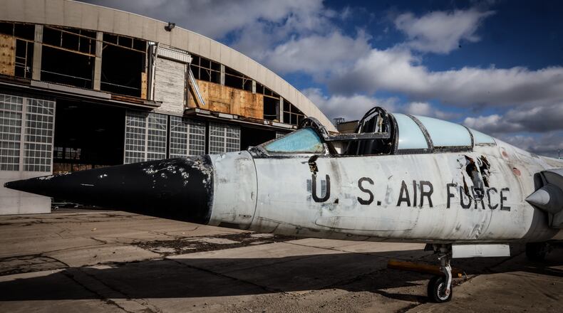 Hangers at Wright Patt were damaged when strong winds moved through the Miami Valley Wednesday morning. Jim Noelker/Staff