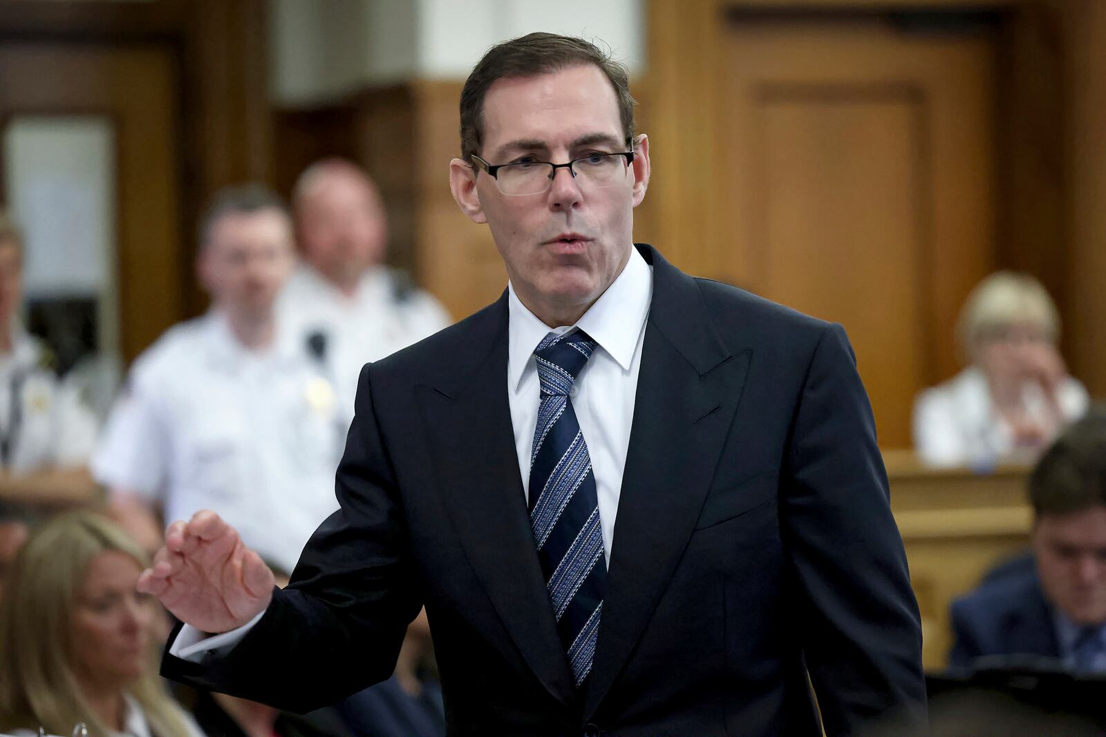 Prosecutor Hank Brennan finishes up his closing arguments during the murder trial of Karen Read in Norfolk Superior Court, Friday, June 13, 2025, in Dedham, Mass. (Mark Stockwell/The Sun Chronicle via AP, Pool)