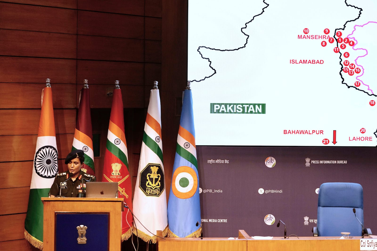 Indian army officer Colonel Sofiya Qureshi addresses a press conference after India struck multiple sites inside Pakistani controlled territory with missiles under Operation Sindoor, in New Delhi, India, Wednesday, May 7, 2025. (AP Photo/Manish Swarup)