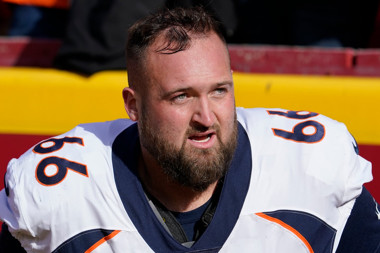 FILE - Denver Broncos guard Dalton Risner warms up prior to a game against the Kansas City Chiefs during an NFL football game Sunday, Jan. 1, 2023, in Kansas City, Mo. The Minnesota Vikings signed former Denver guard Dalton Risner on Tuesday, Sept. 19, 2023, to try to shore up what has been a problematic position for several seasons. (AP Photo/Ed Zurga, File)