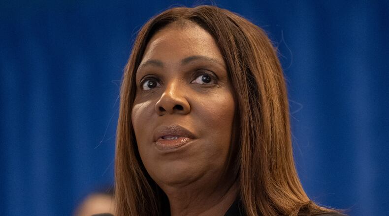 New York Attorney General Letitia James speaks during a press conference, Monday, Dec. 15, 2025, in New York. (AP Photo/Yuki Iwamura)