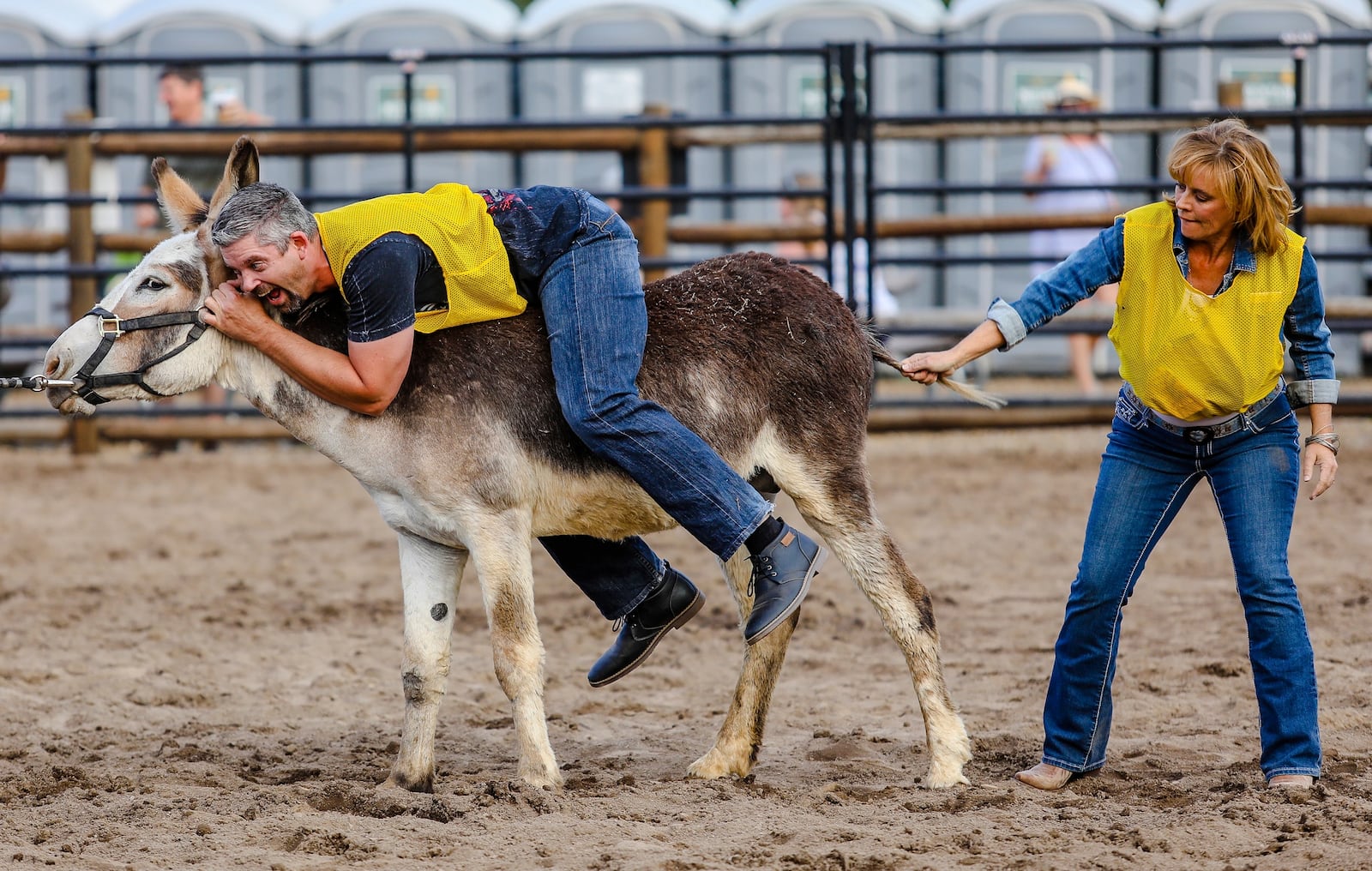 FILE - Team Yellow competes in the Burro Racing at the Beaver Creek Rodeo on Thursday, June 28, 2018, in Avon, Colo. (Chris Dillmann/Vail Daily via AP, File)
