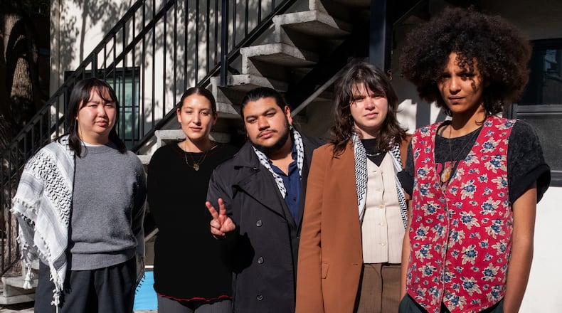 This photo provided by Luke Wigren shows Amy Zhai, from left, Taylor McCann, German Gonzalez, Hunter Taylor-Black and Maya Burke in San Jose, Calif., Feb. 5, 2026. (Luke Wigren via AP)