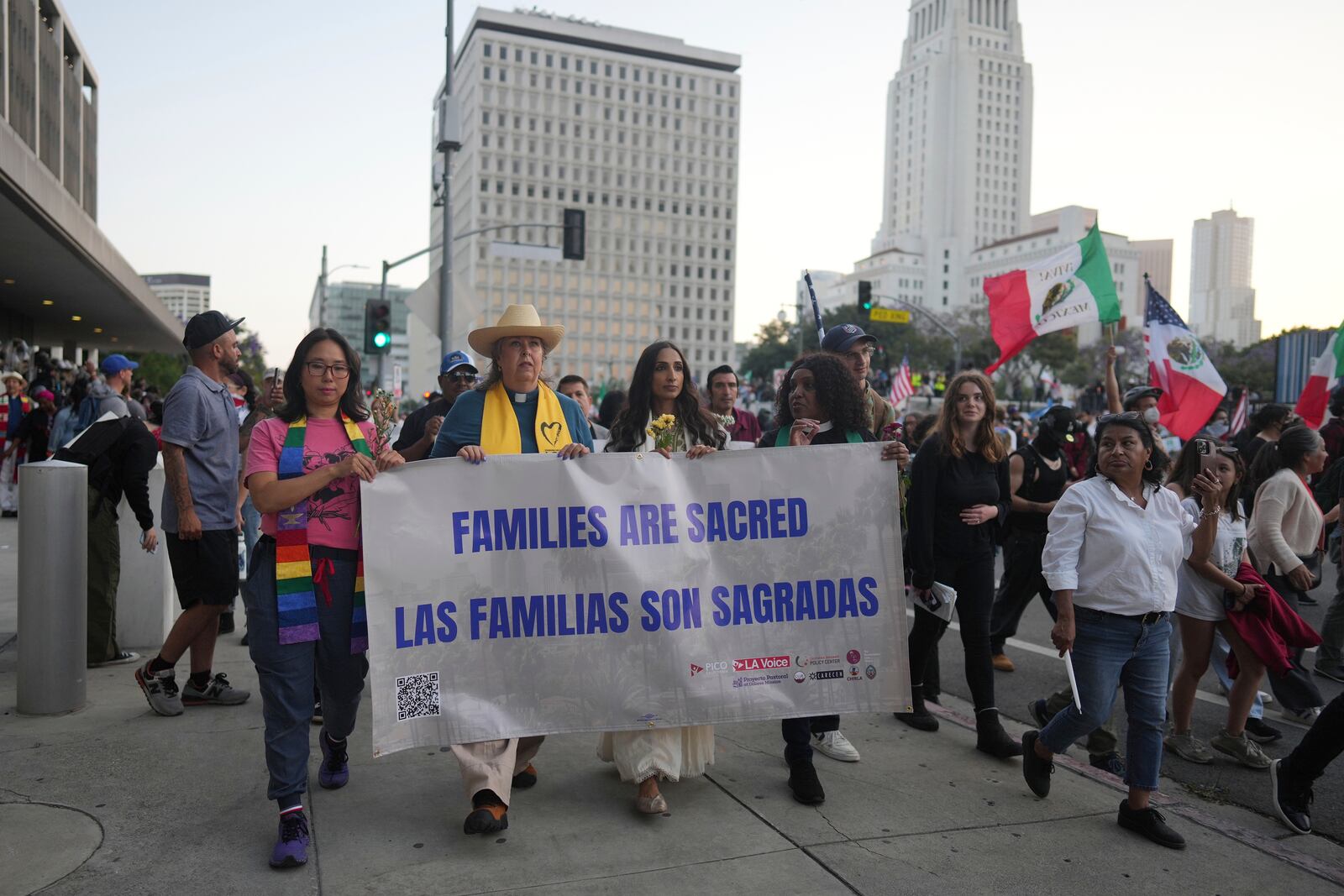 Demonstrators march during a protest Tuesday, June 10, 2025, in Los Angeles. (AP Photo/Eric Thayer)