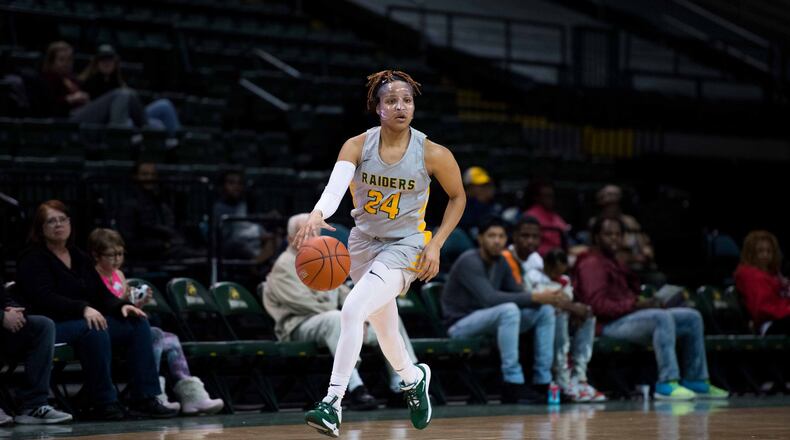 Wright State’s Michal Miller brings the ball up court during an exhibition game vs. Kentucky State on Nov. 6, 2019, at the Nutter Center. Joseph Craven/WSU Athletics